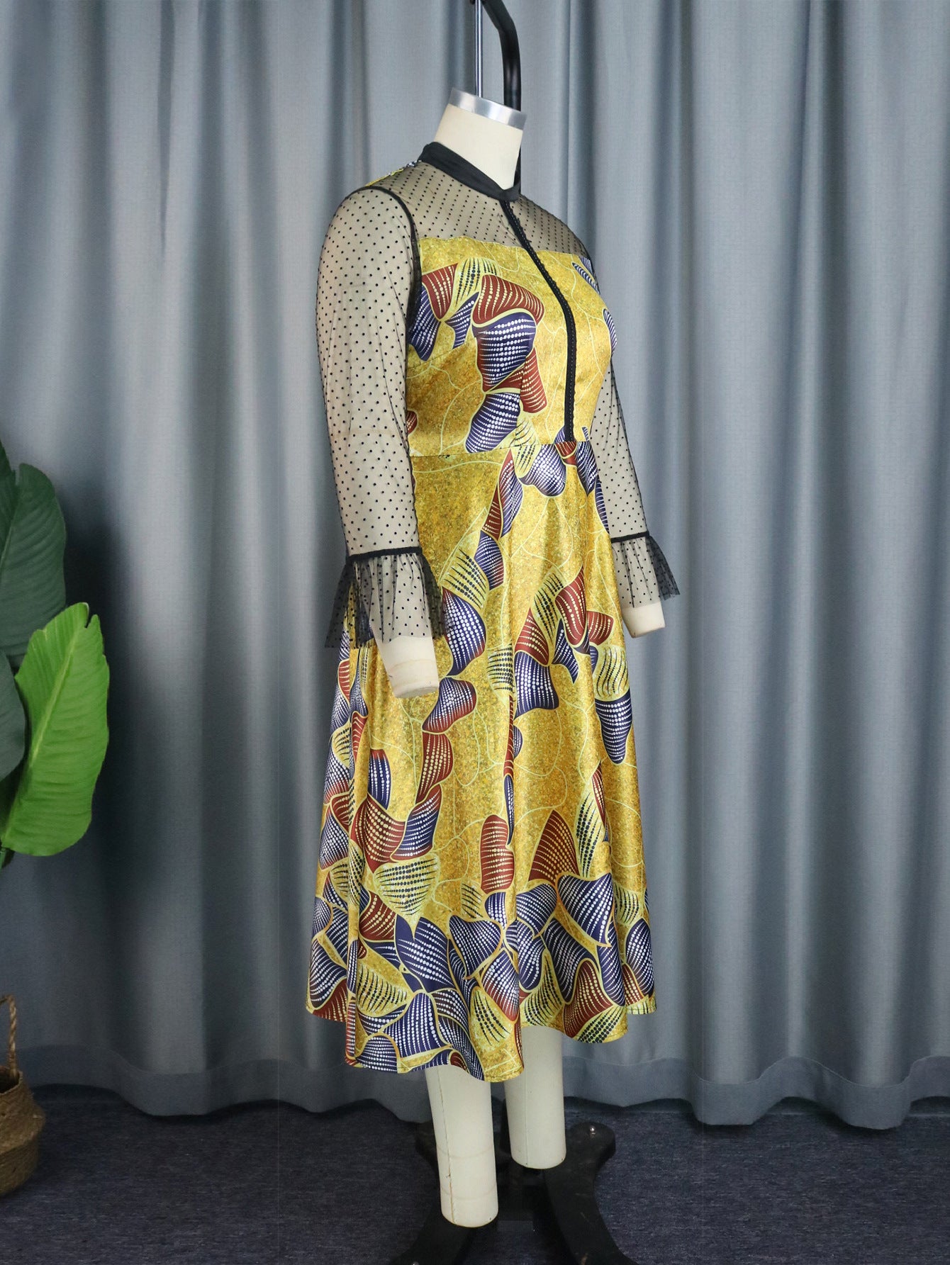 Mesh Dress Vintage Printed Loose Waist Bow Lace up A line Dress