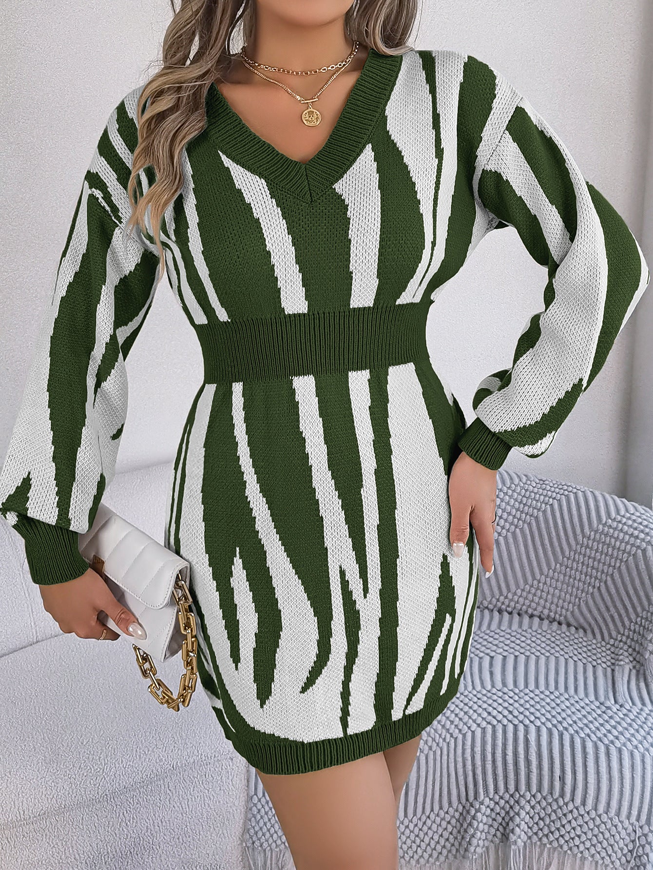 Street V Collar Contrast Color Zebra Pattern Long Sleeve Narrow Woolen Dress
