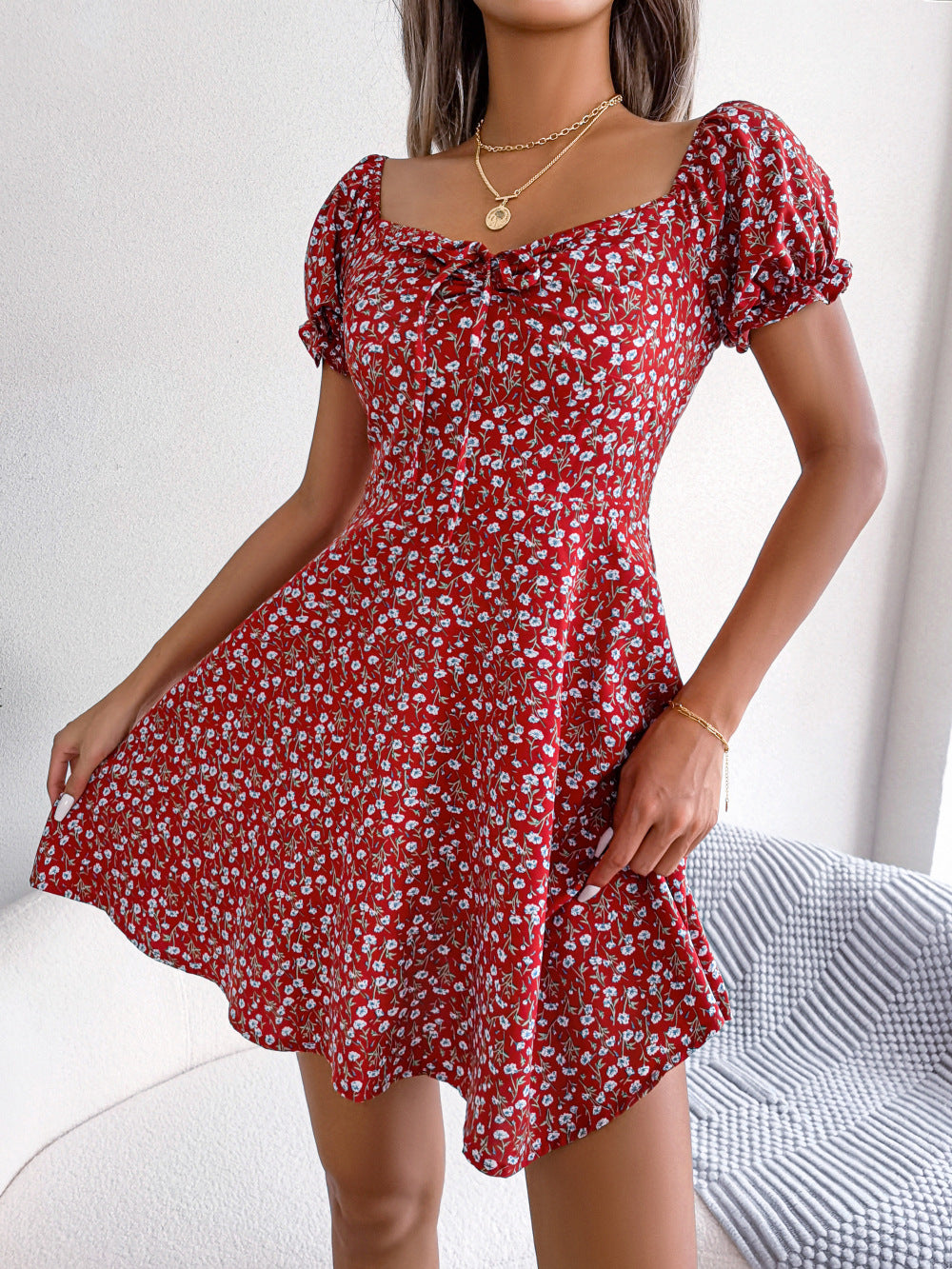 Casual Bell Sleeve Drawstring Lace Floral Print Large Swing Dress