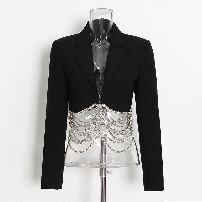 Conjunto de falda delgada de tubo corto negro con costura de cadena de diamantes de imitación de otoño