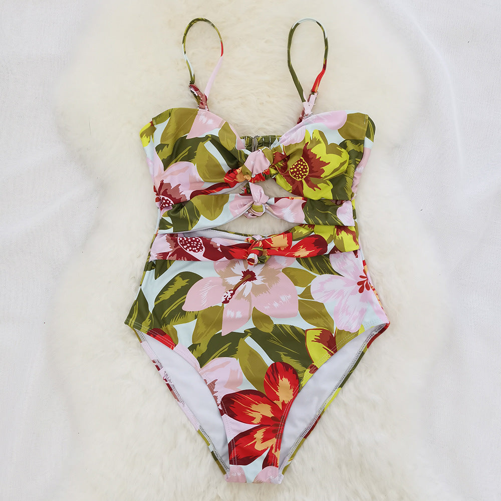 بدلة سباحة بطبعة زهور من قطعة واحدة بشريط علوي