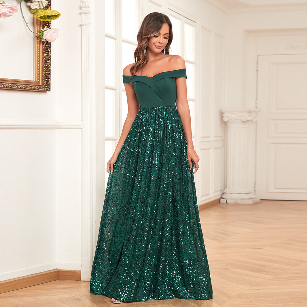 Elegant off Shoulder Stitching Sequined Evening Dress