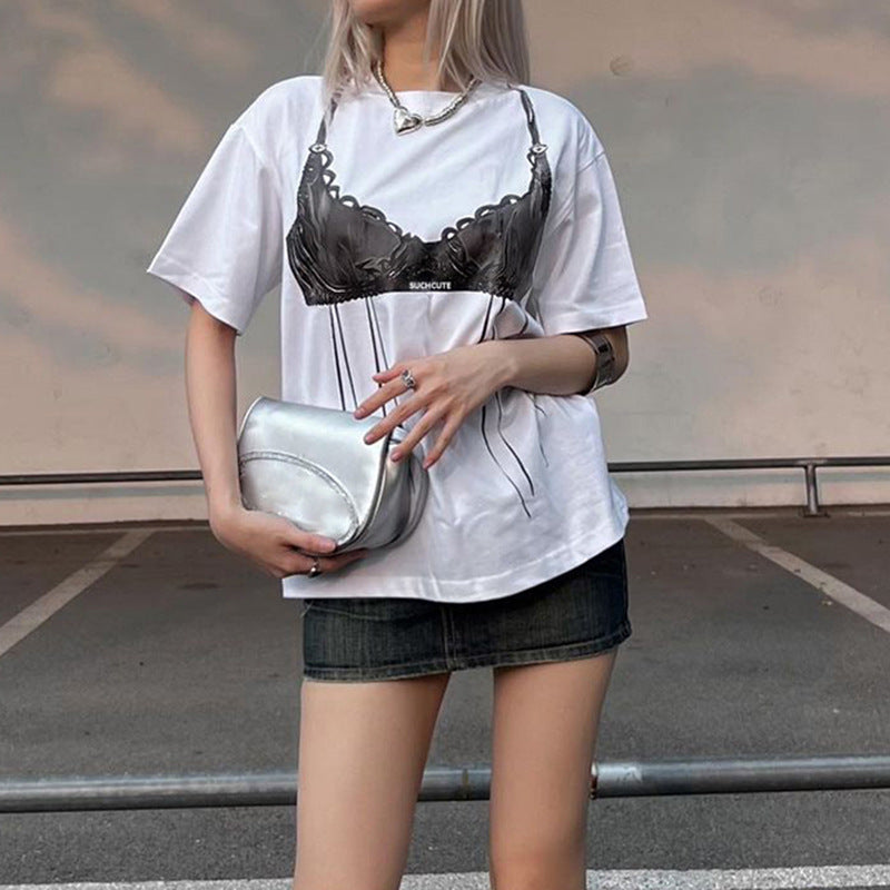 Special Bra Printing Basic Round Neck Pullover Loose Street T Shirt