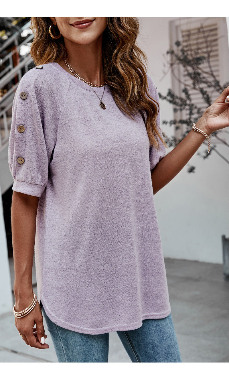 Summer Loose round Neck Button Casual T-shirt Top