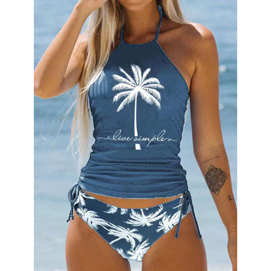 Coconut Tree Printed Lace up Swimsuit