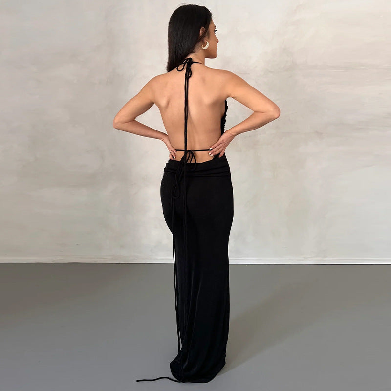 Jednolity kolor Sexy Backless Slim Fit sznurowana sukienka