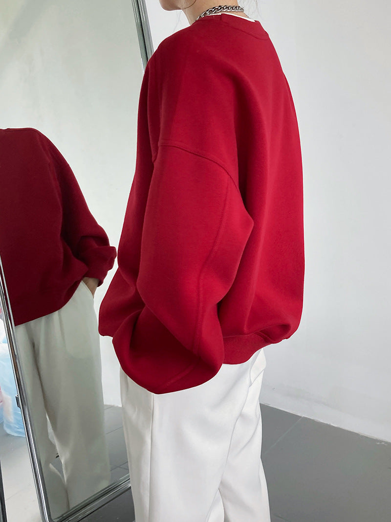 Sweat-shirt à manches longues à manches longues pour femmes coréennes en vrac rouge vin