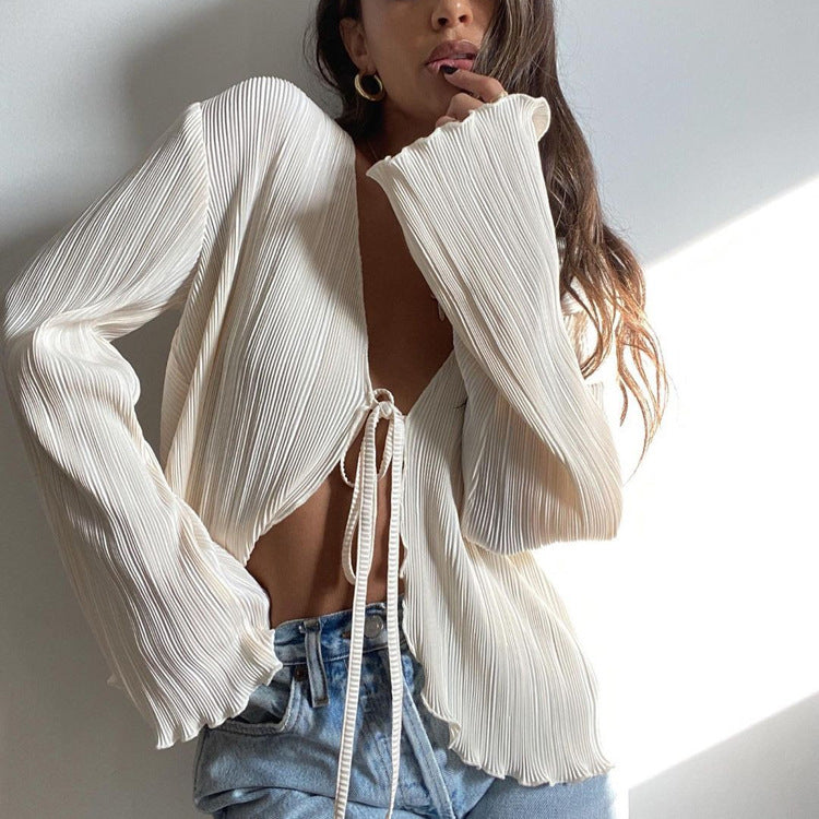 Lace-up Sexy Slim Flared Long Sleeve Pleated Shirt