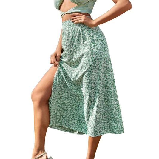 Summer Floral Split A- line Sheath Mid-Waist Skirt