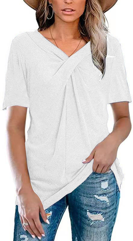 Short Sleeve V-neck Solid Color Criss Cross Knot Ladies Loose-Fitting Casual T-shirt