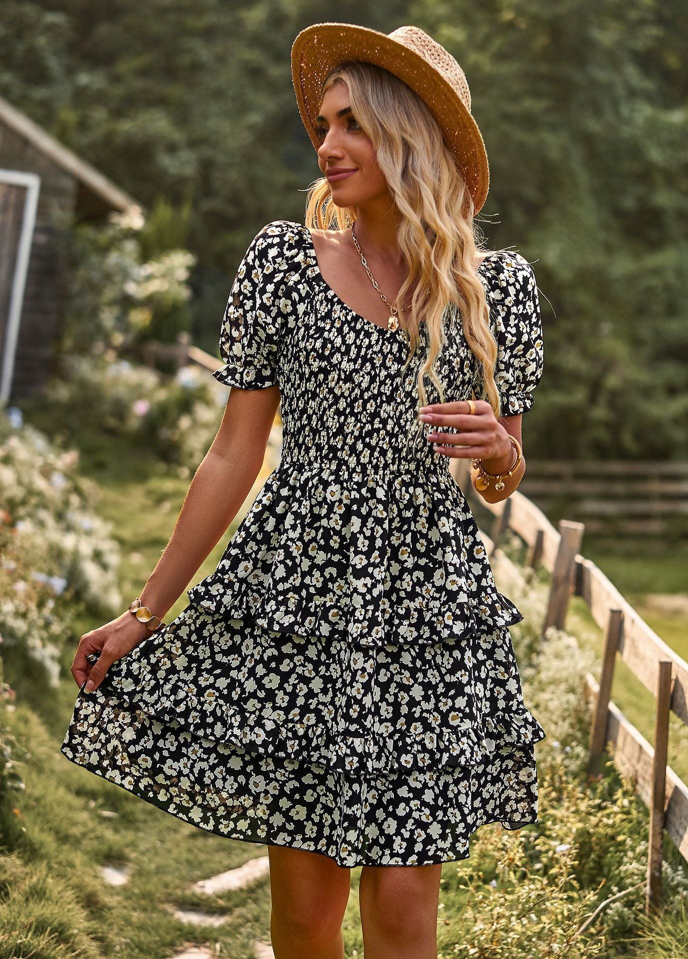 French Romantic Short Sleeve Tiered Dress