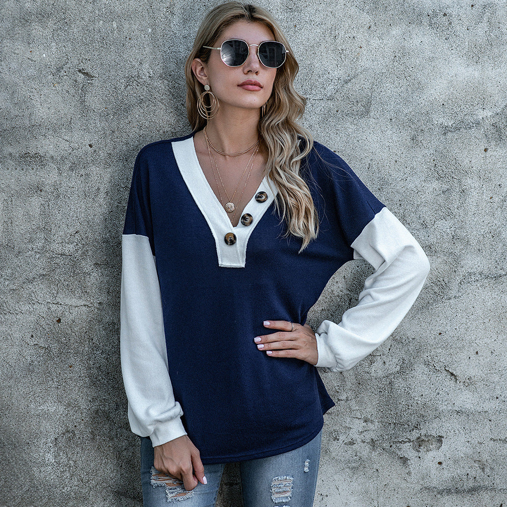V neck Double Breasted Solid Color Stitching Button Pullover Sweater