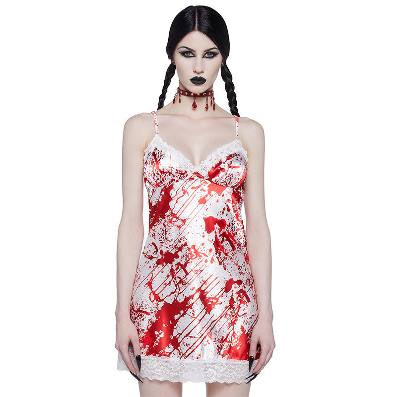 Cooles, mit Blutflecken bedrucktes Kleid mit V-Ausschnitt, Spitzenkante und kurzen Trägern
