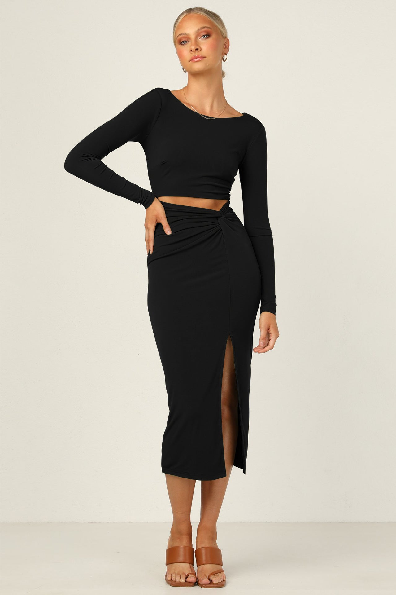 Hollow Out Cutout Out Twisted Sexy Long Sleeve Slit Sheath Dress