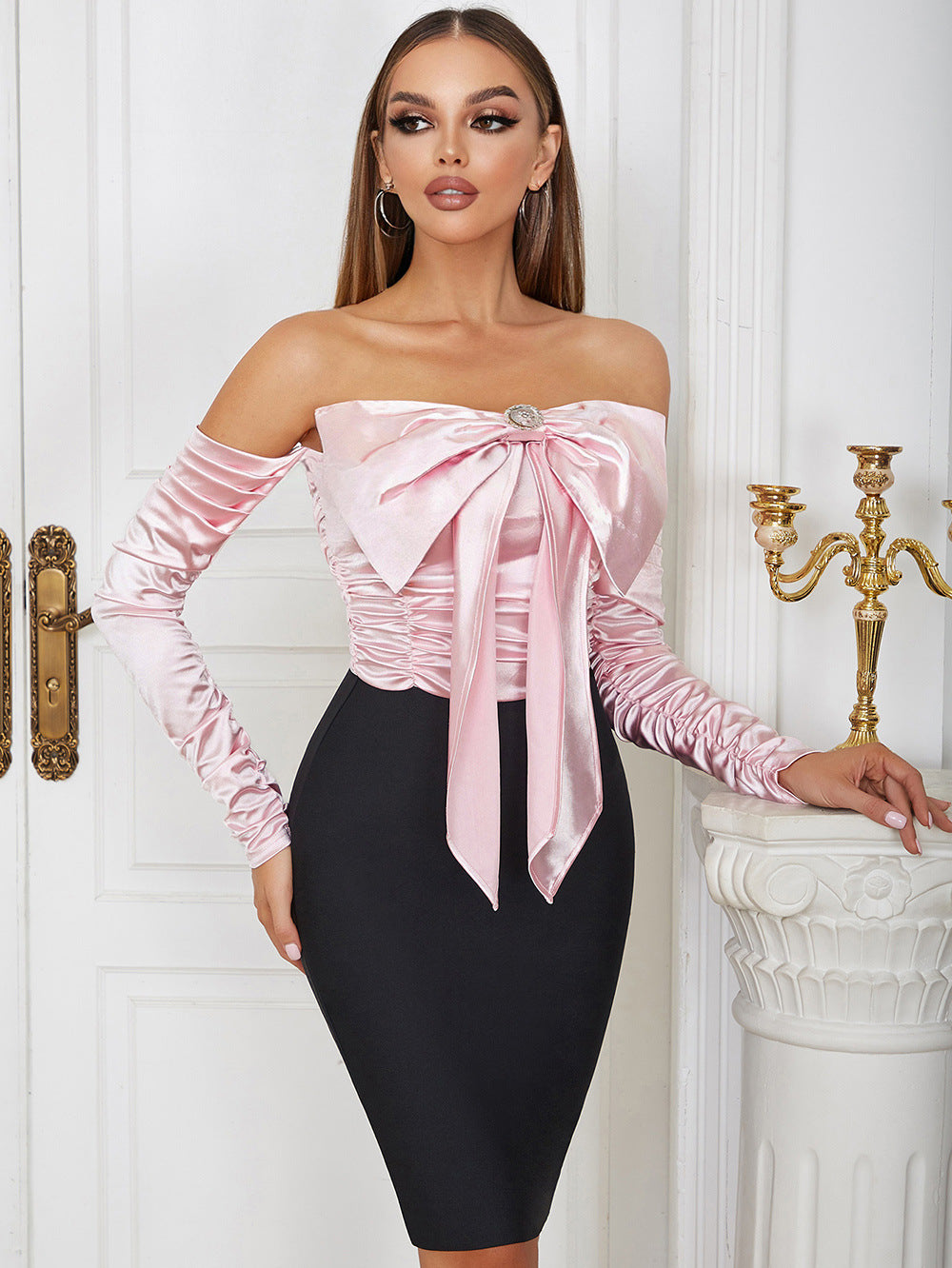 Sexy off-the-Shoulder Bow Stitching Long Sleeve Slim Fit Dress