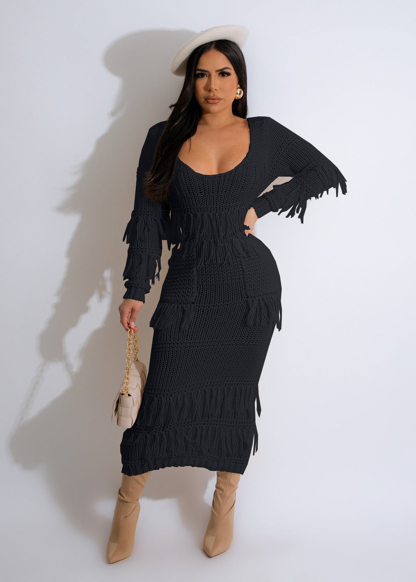 Sexy Knitted Hand Crochet Tassel Dress With Pocket