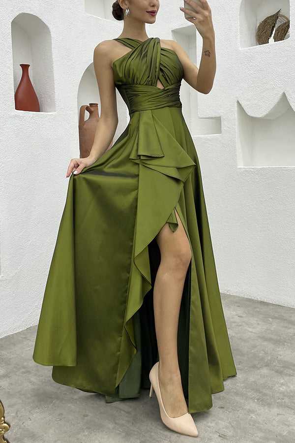 Sexy Sleeveless Solid Color Irregular Asymmetric Maxi Dress