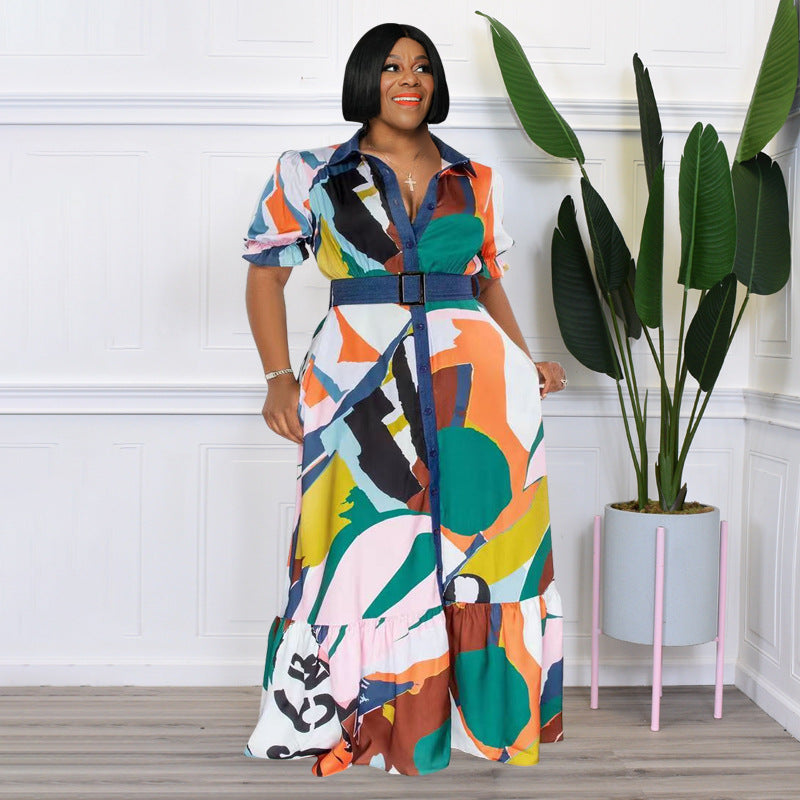 Plus Size Color Printing with Belt Loose Dress