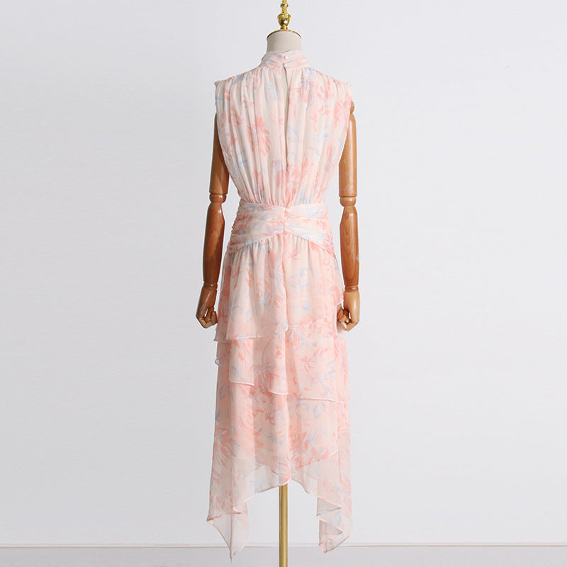 Elegant High Neck Sleeveless Pleated Layered Asymmetric Dress