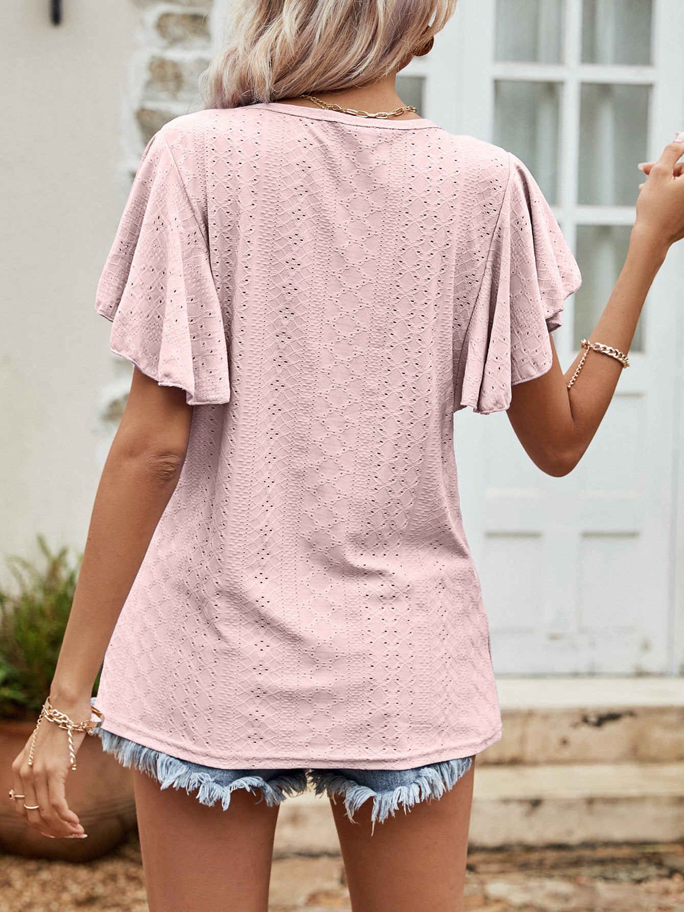 Hollow Out Cutout Out Round Neck Ruffle Sleeve Casual T-Shirt