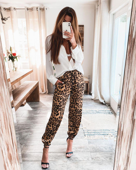 Leopard Print Forged Micro Elastic Trousers