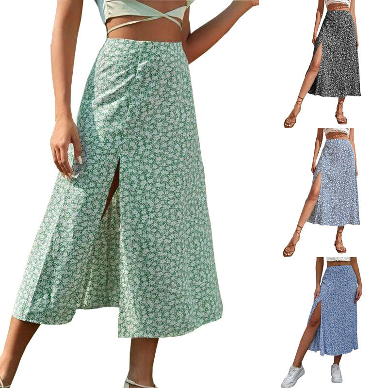 Summer Floral Split A- line Sheath Mid-Waist Skirt