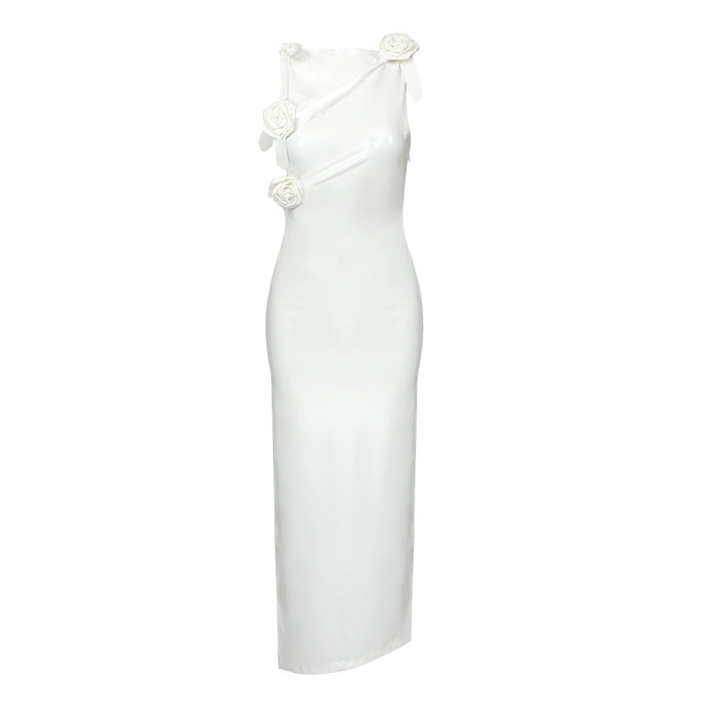White Glaze Surface Faux Leather Pleating Bow Floral Hip Dress