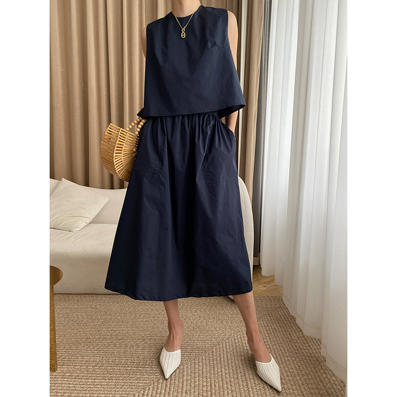 French Simplicity Elegant Pure Cotton Washed Thin round Neck Vest Umbrella Skirt Two Piece Suit