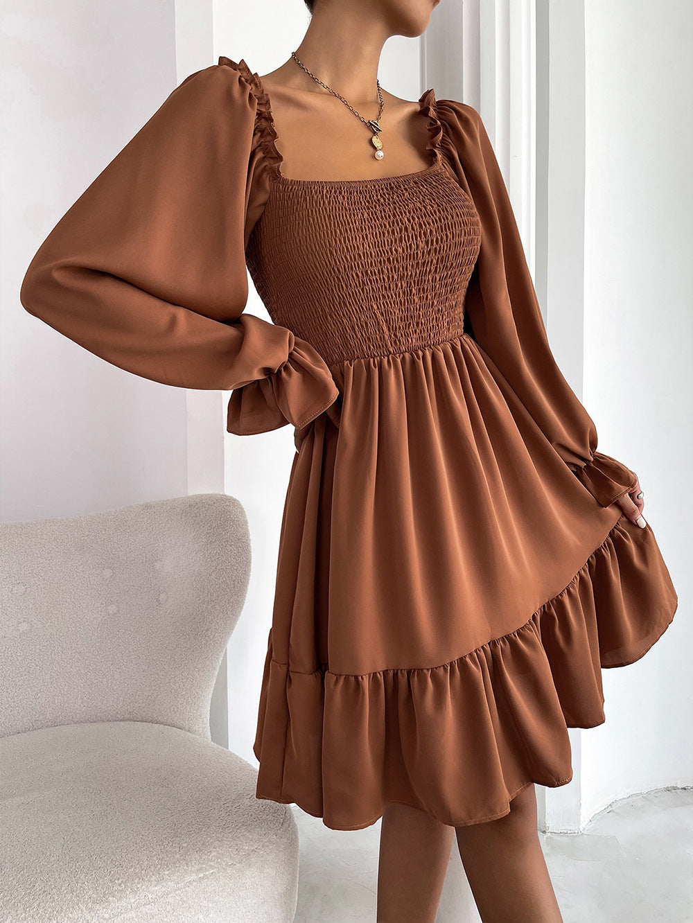 High Waist Midi Flounced Autumn Square Collar Solid Color Office Dress