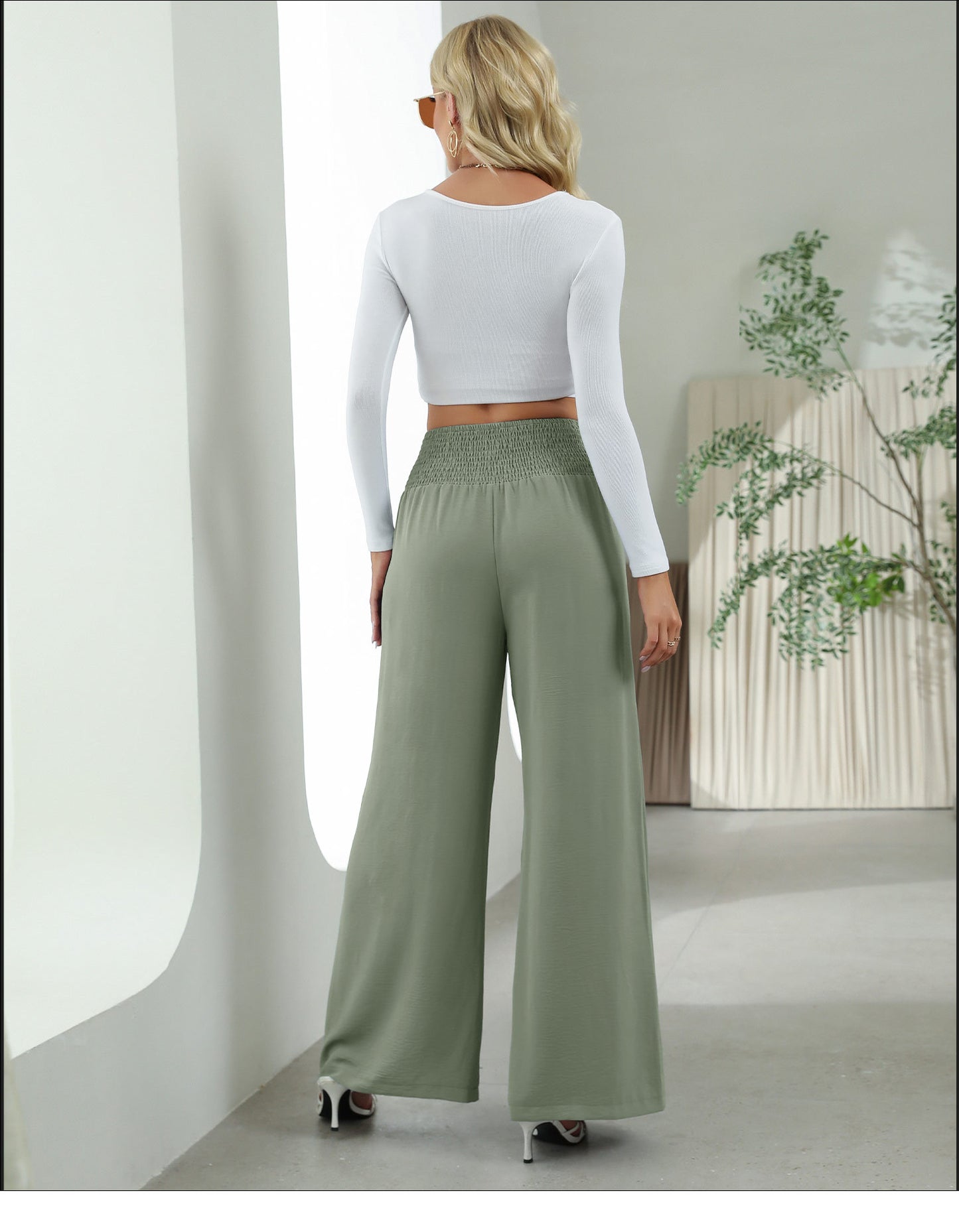 Elastic Waist High Waist Wide Leg Pants