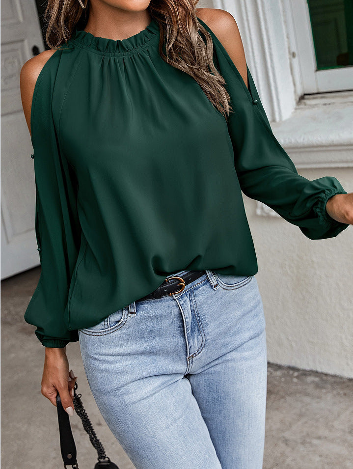 Solid Color Lotus Leaf Round Neck Long Sleeve Pleated Off Shoulder Blouse