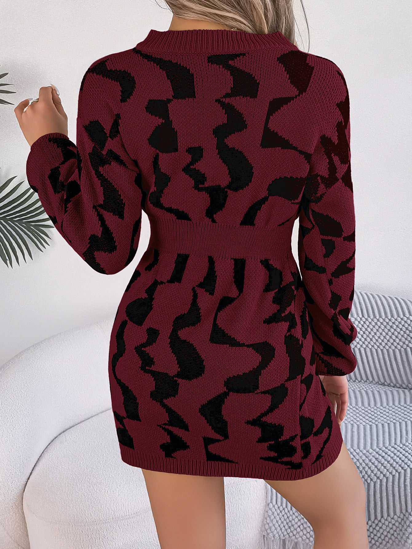 V neck Contrast Color Long Sleeves Waist Tight Package Hip Sweater Dress