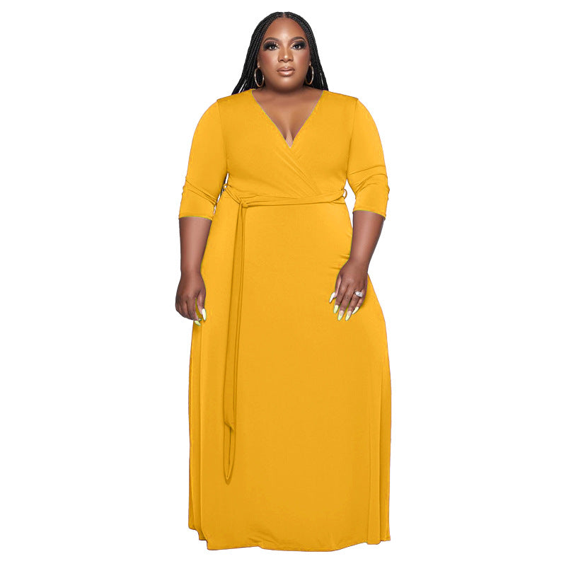 Plus Size Solid Color Stylish Loose Dress with Belt