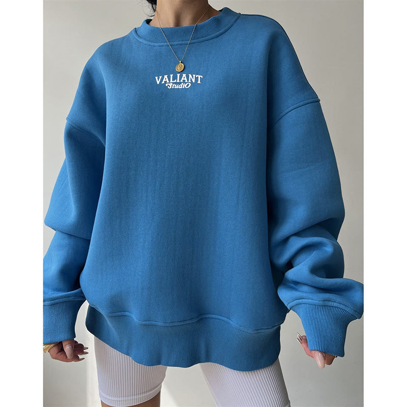 Round Neck Printed Pullover Solid Color Long Sleeve Sweatshirt