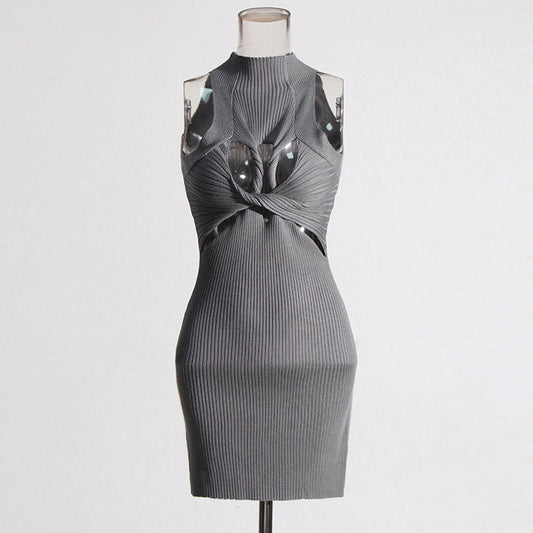 Sexy Sleeveless Elegant Design Hollow Out Cutout Twist Slim Fit Slimming Knitted Dress