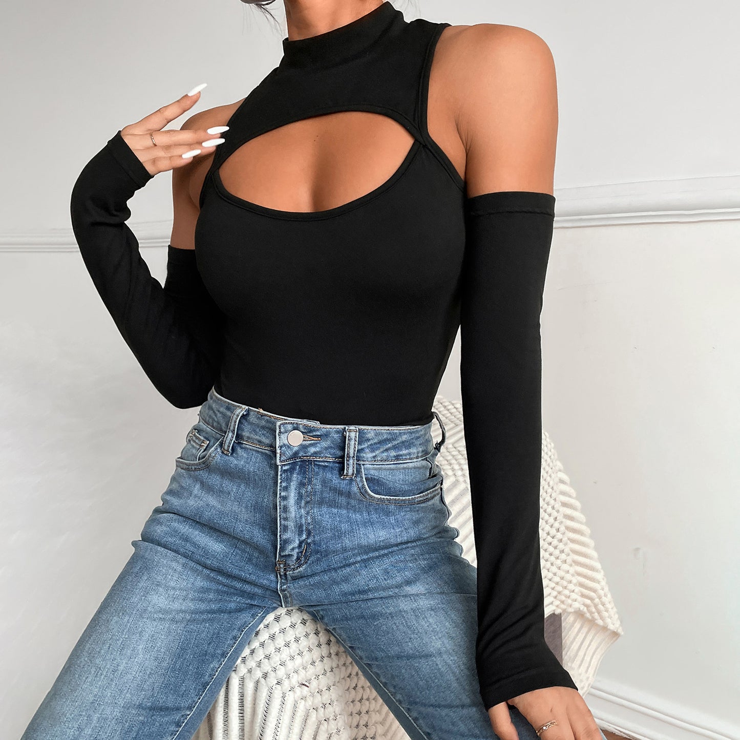 Tight Sexy Topless Bottoming Shirt Irregular Asymmetric Hollow-out Long Sleeve Slim off-the-Shoulder Bodysuit