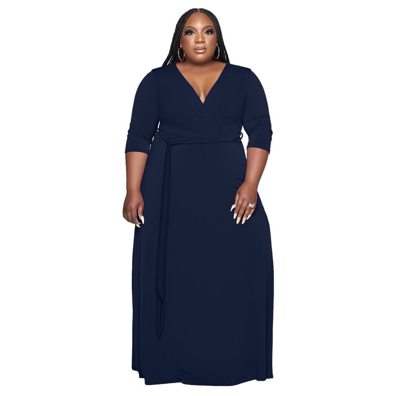 Plus Size Solid Color Stylish Loose Dress with Belt