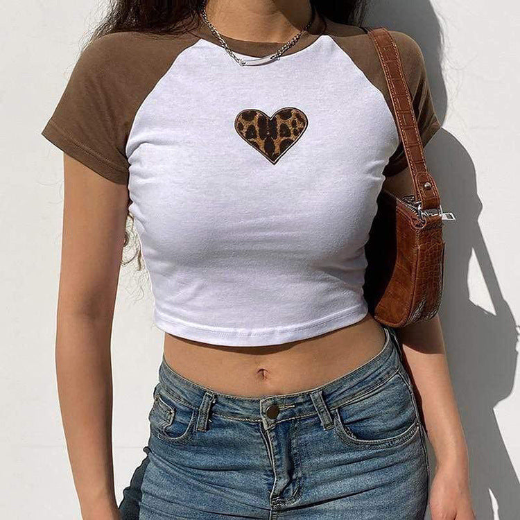 Heart Printing Contrast Color Slim Fit Cropped Exposed Casual T shirt Top