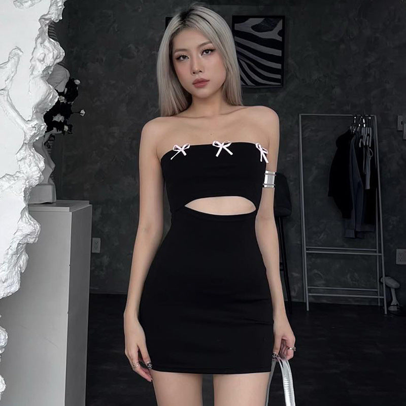 Sexy Bow Decoration Hollow Out Cutout Out Tube Top Dress
