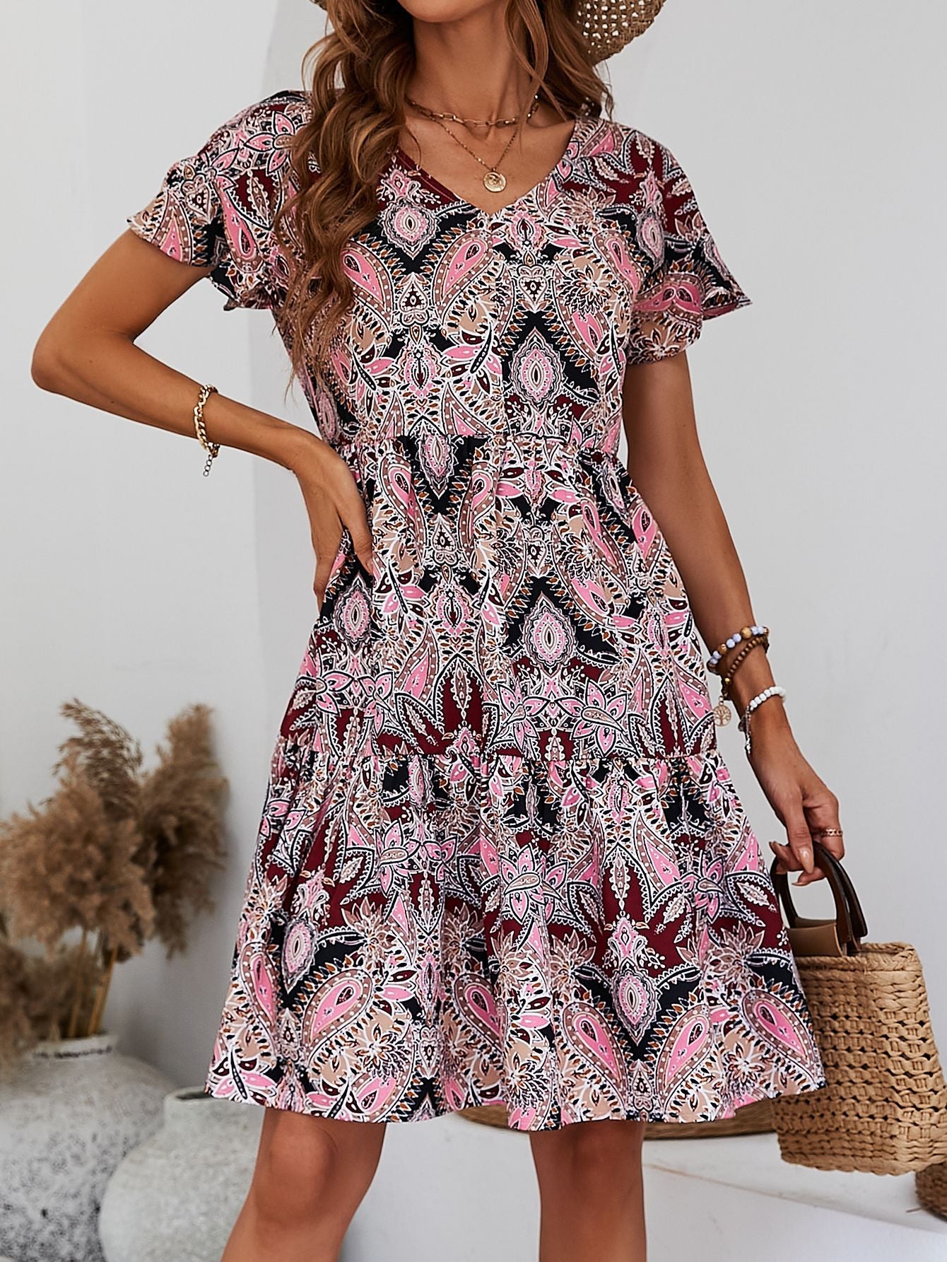 Popular V Neck Ruffle Loose Casual Holiday Floral Print Dress