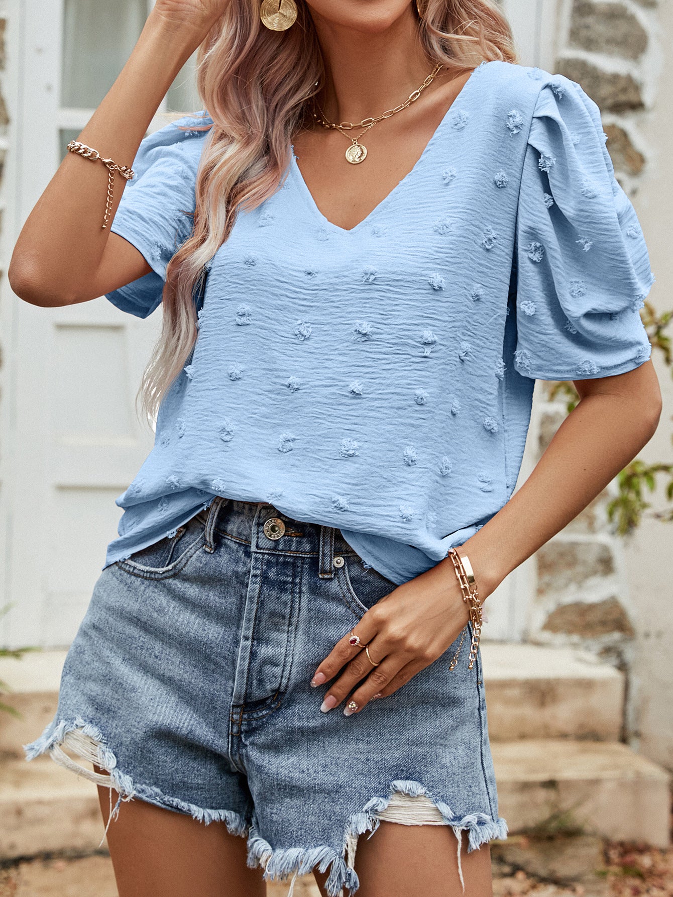 V Neck Short Sleeve Puff Sleeve Casual Top