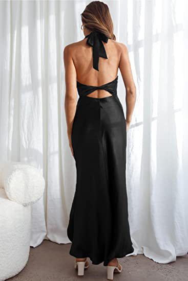 Plain Satin Halter Backless Slit Mid Length Dress