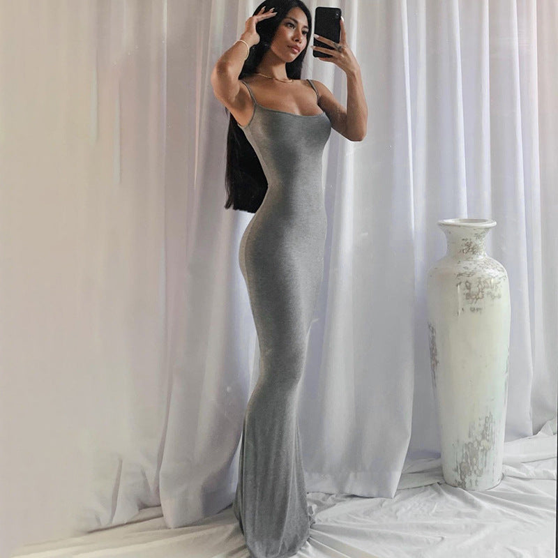 Solid Color Stitching Casual Sleeveless High Waist Slim Fit Maxi Dress
