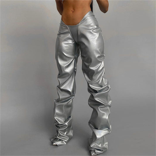 Pleated Poly Urethane Leather Sexy Low Waist Street Straight Casual Trousers