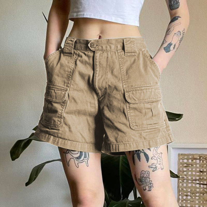 High Waist Slimming Solid Color Multi Pocket Workwear Denim Shorts