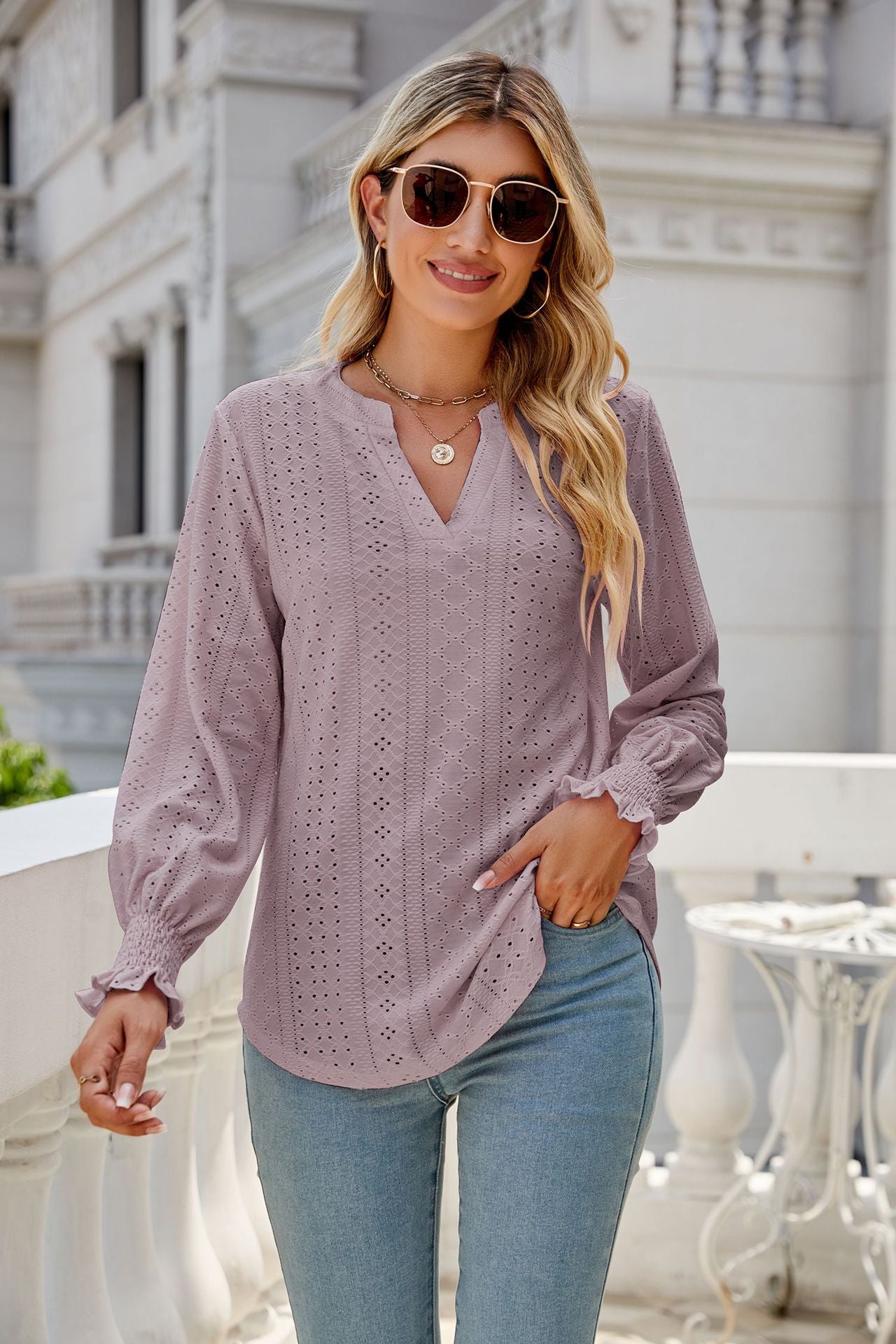 Solid Color Hollow Out Pleated Ruffle Sleeve V neck Loose Long Sleeve Blouse