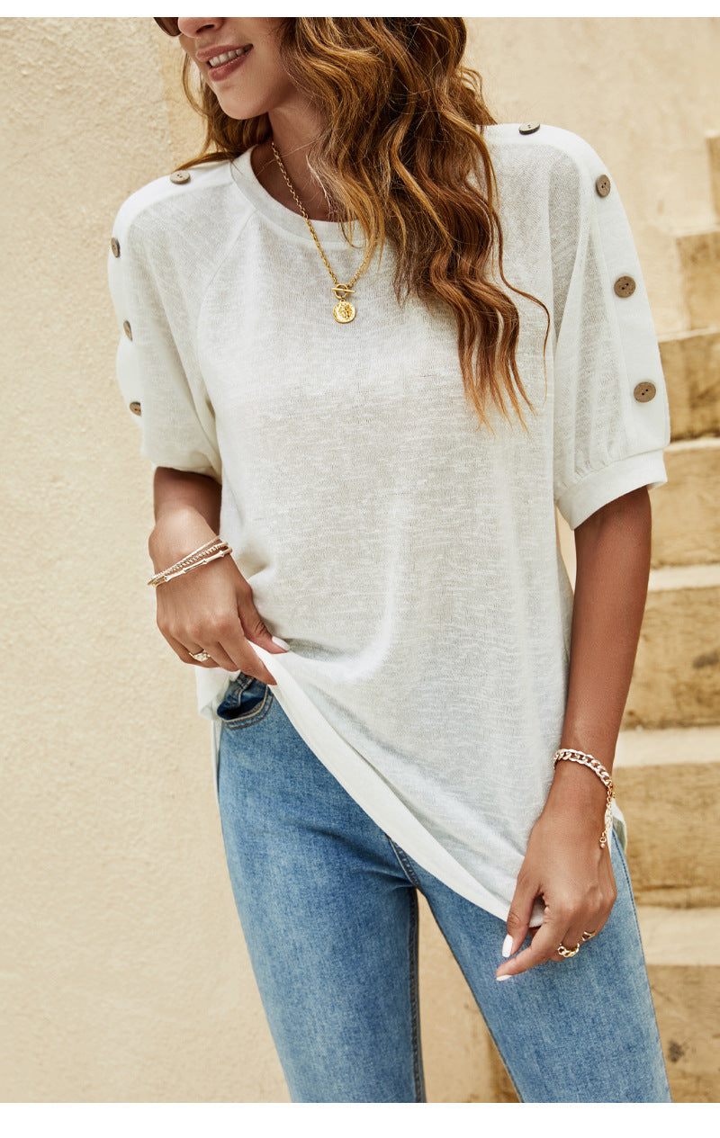 Summer Loose round Neck Button Casual T-shirt Top