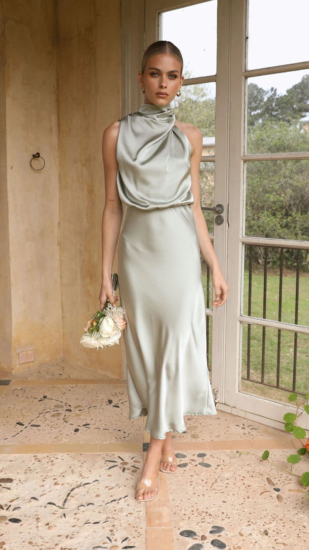 Elegant Sleeveless Halter Solid Color Satin Dress