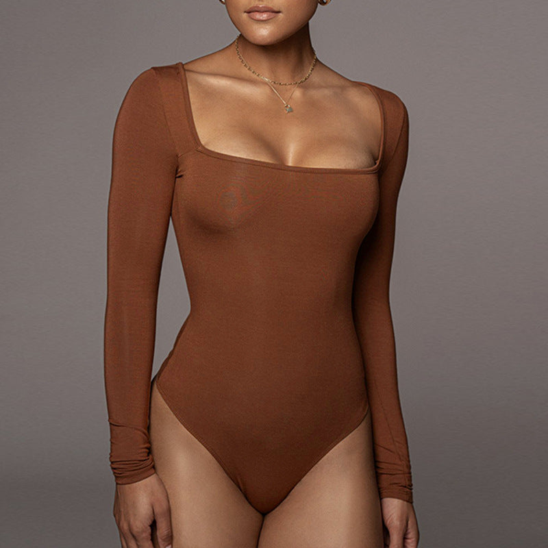 Sexy T-Shaped One-Piece Long Sleeve Square-Neck Bodysuit