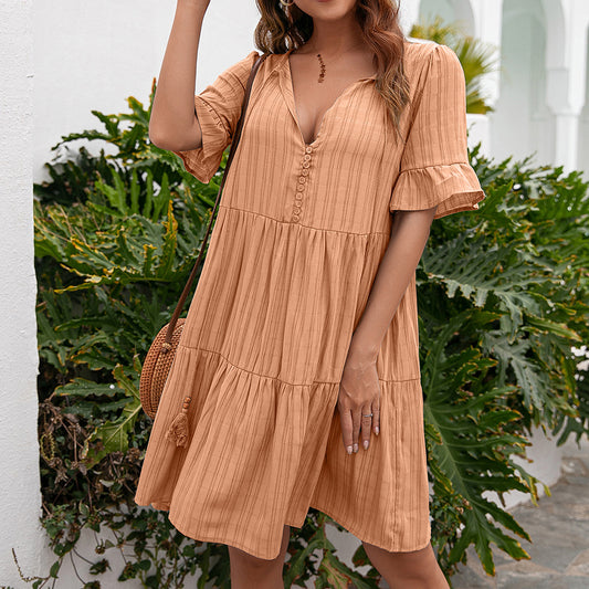 Loose Casual 5 Point Sleeve Mid Length V neck Dress